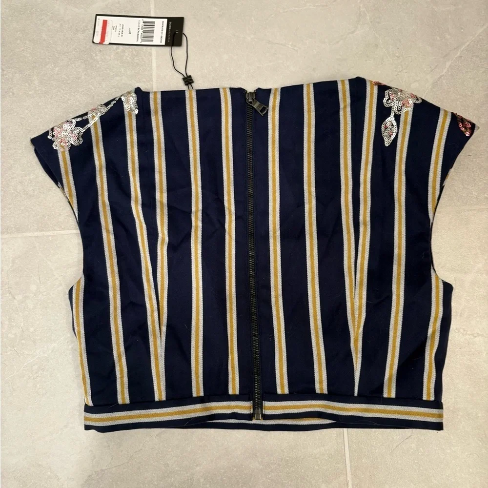 BCBGMaxAzria Crop Top Cap-Sleeve in Striped Floral Sequined Blue Yellow Size M - Picture 5 of 10